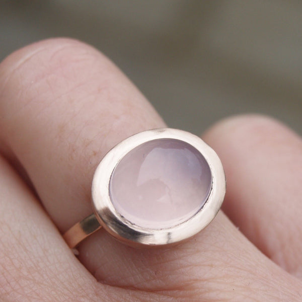 Traceable rose quartz cabochon ring in recycled rose gold