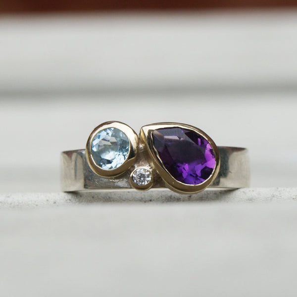 Birthstone ring with amethyst, aquamarine and diamond