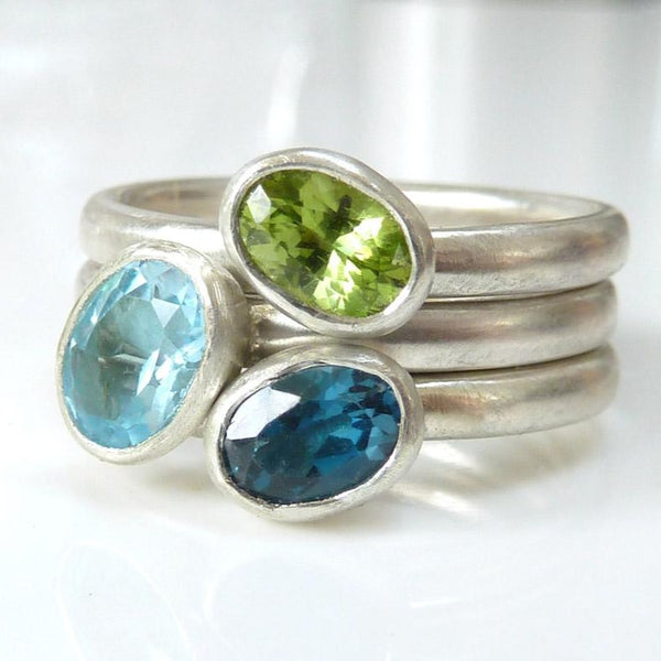 Recycled silver stacking ring set with aquamarine, preidot and topaz