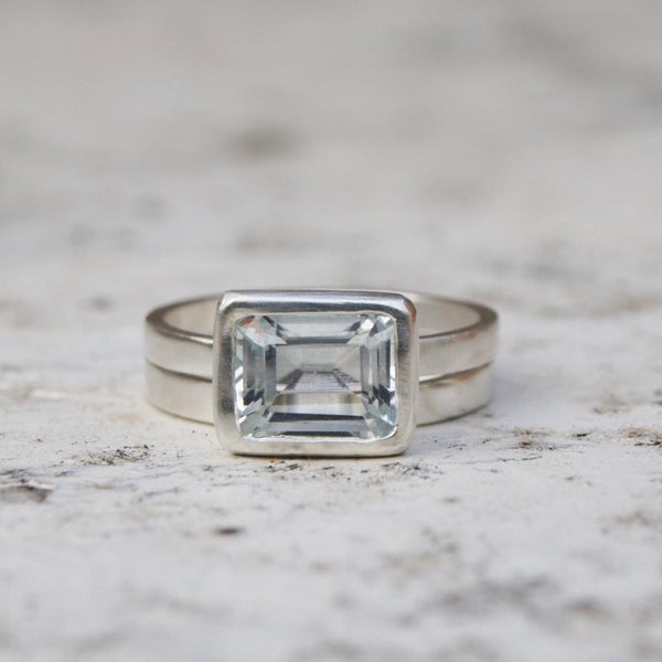 Emerald cut white topaz silver ring