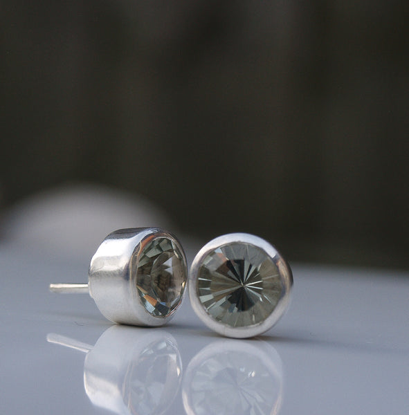 Large silver green amethyst stud earrings
