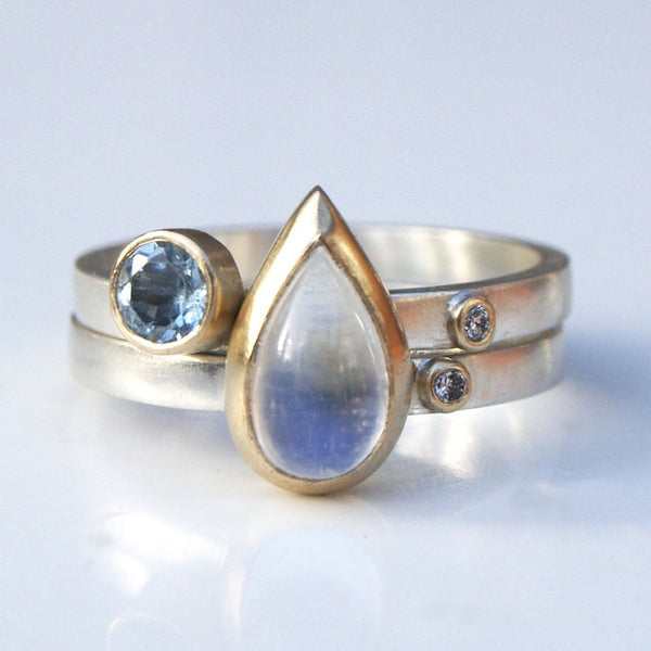 Moonstone, aquamarine and diamond  stacking rings