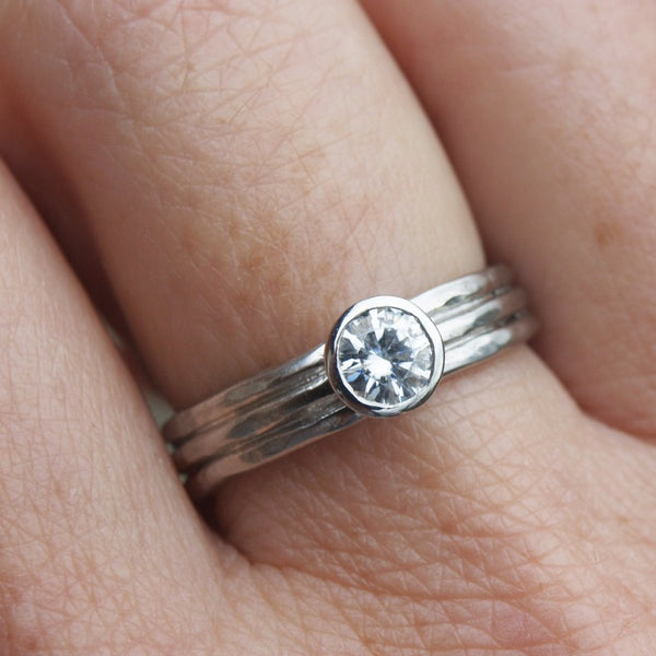 Recycled platinum and moissanite ring