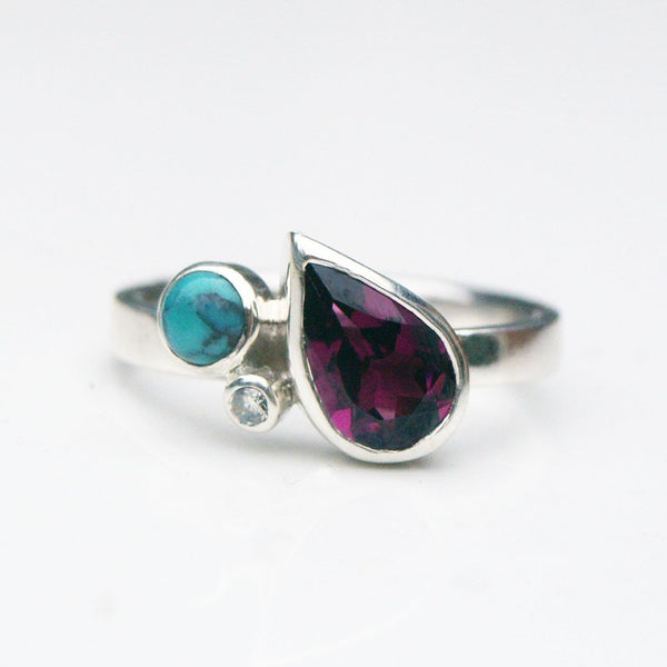 Rhodolite garnet, turquoise and diamond birthstone ring