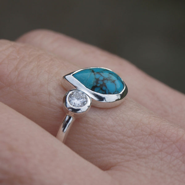 Turquoise and diamond ring in recycled silver