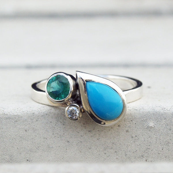 Turquoise, emerald and diamond birthstone ring