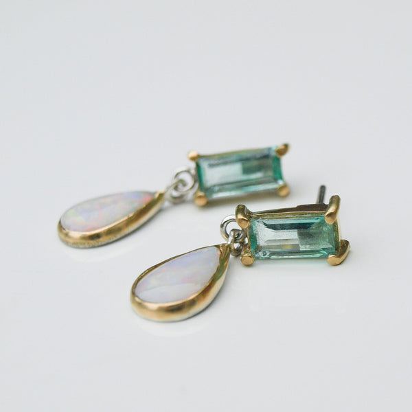 Opal and green beryl earrings in 18ct yellow gold and silver