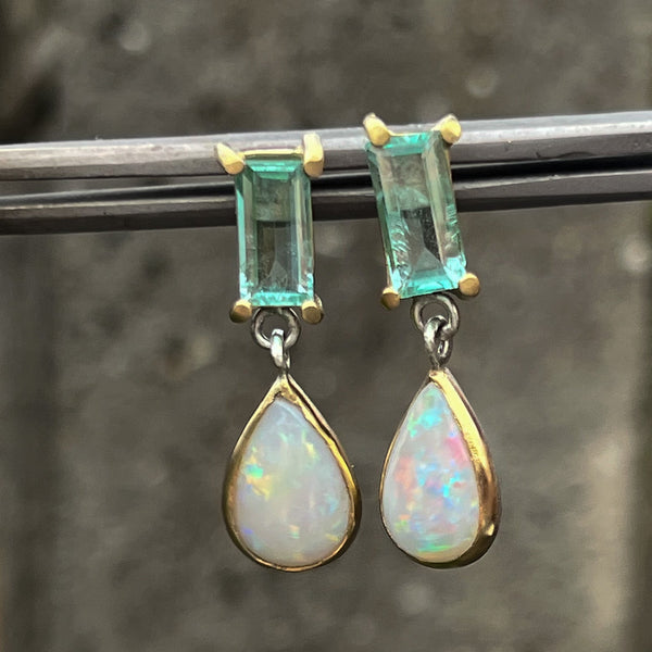 Opal and green beryl earrings in 18ct yellow gold and silver