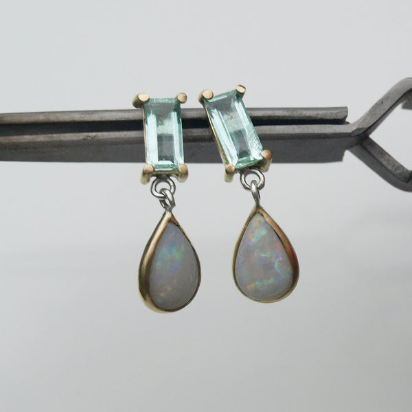 Opal and green beryl earrings in 18ct yellow gold and silver