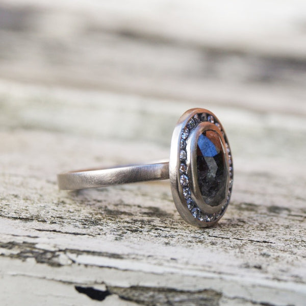 Black and white diamond halo ring