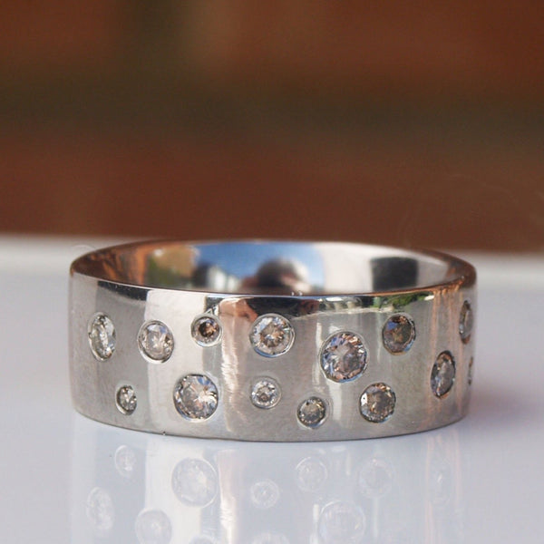 18ct recycled white gold scattered brown diamond ring