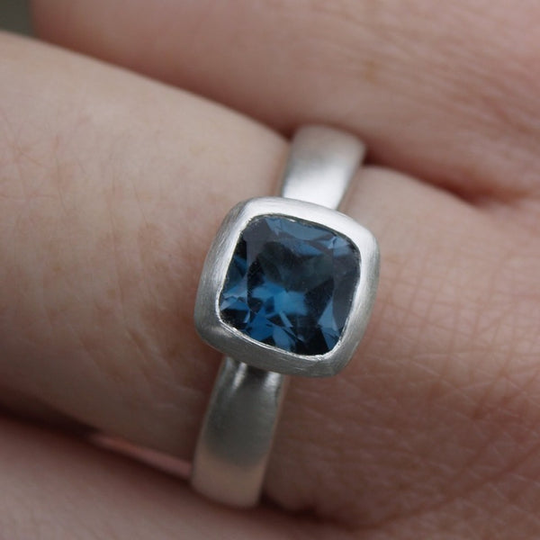 Recycled silver blue topaz cushion cut ring