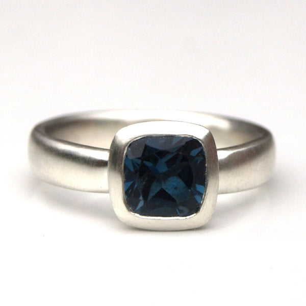 Recycled silver blue topaz cushion cut ring