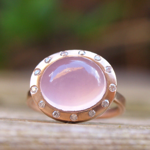 Traceable rose quartz cabochon ring in recycled rose gold