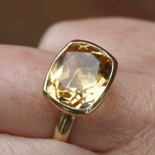 Large cushion cut citrine ring in 18ct recycled gold