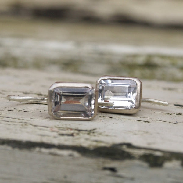 9ct white gold earrings with emerald cut white topaz