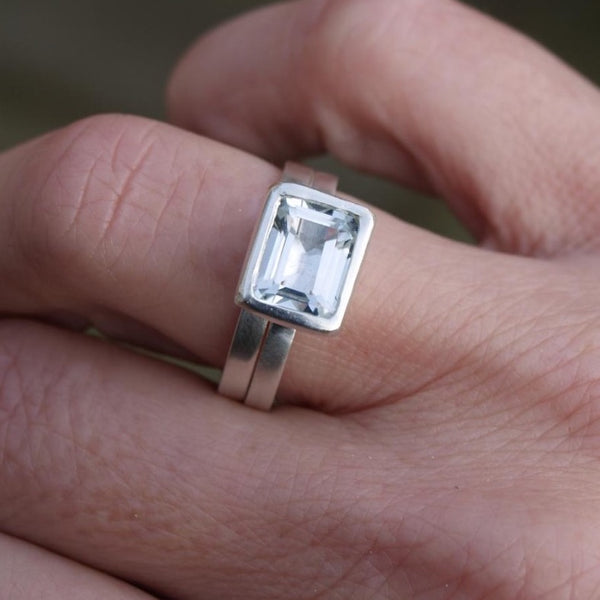 Emerald cut white topaz silver ring