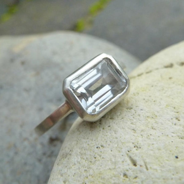 Emerald cut white topaz silver ring