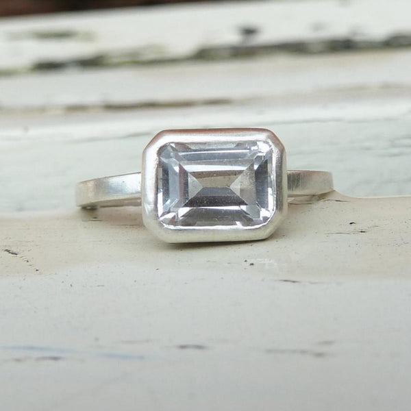 Emerald cut white topaz silver ring