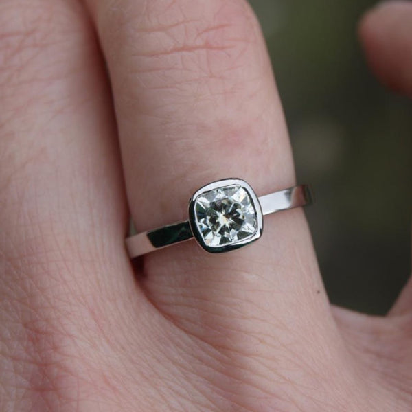 Forever One cushion cut  moissanite platinum ring