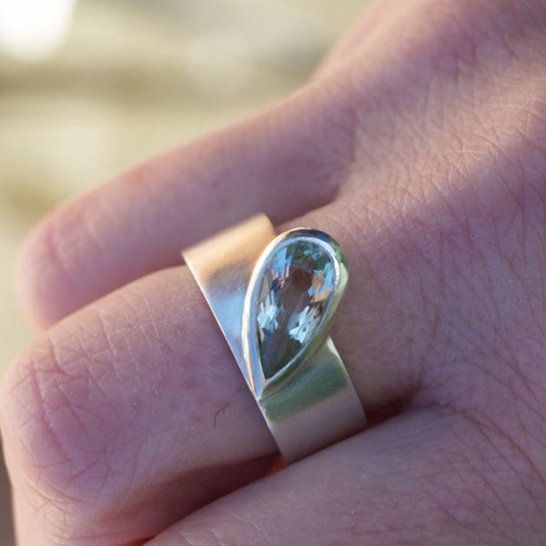 Green amethyst silver statement ring