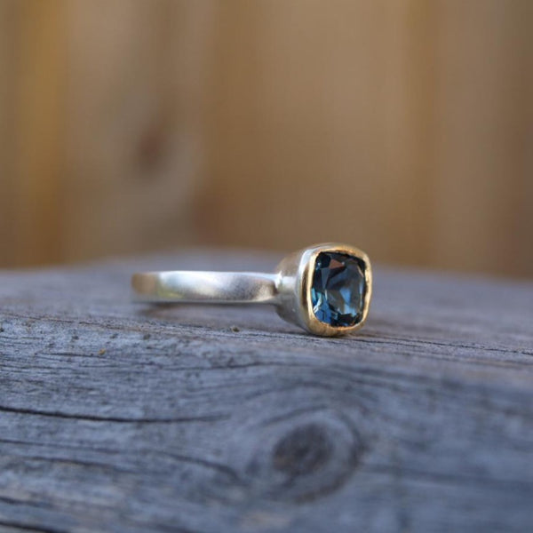 London blue topaz ring in silver and gold