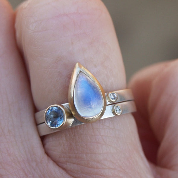 Moonstone, aquamarine and diamond  stacking rings