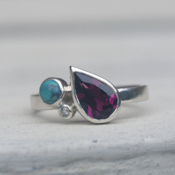 Rhodolite garnet, turquoise and diamond birthstone ring