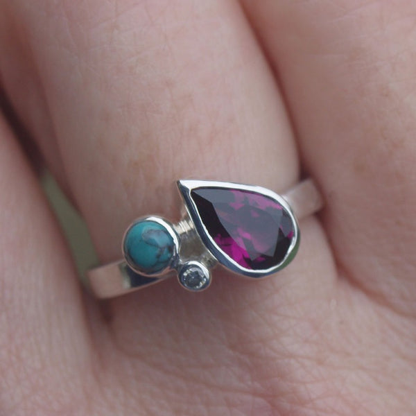 Rhodolite garnet, turquoise and diamond birthstone ring