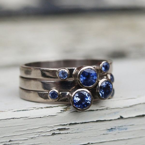 Sapphire stacking rings in recycled 18ct white gold