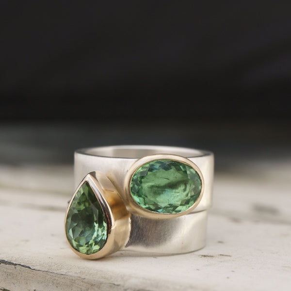 Pear-Cut Green Tourmaline & Diamond 3 Stone Engagement Ring